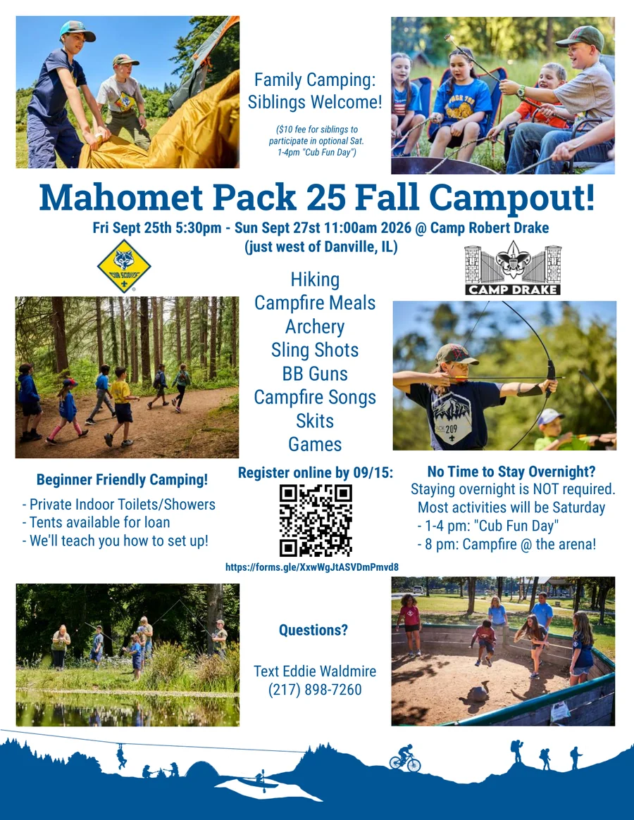 Mahomet Pack 25 Fall Campout flyer — Fri Sept 25 to Sun Sept 27, 2026 at Camp Robert Drake